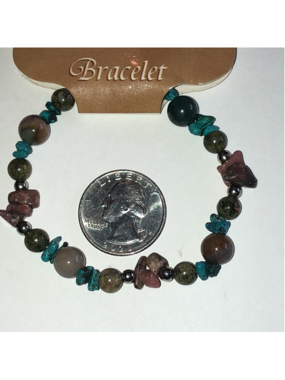 Turquoise Color and Brown Beaded Stones Boho Stretchy Bracelet - Picture 3 of 5